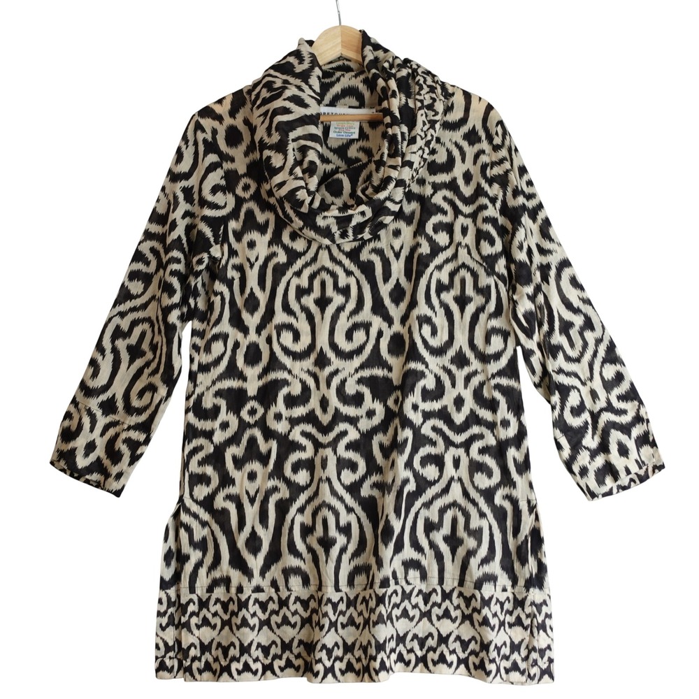 Gretchen Scott Ikat Cotton Tunic Top XS Black Tan Cowl Neck Lightweight Resort